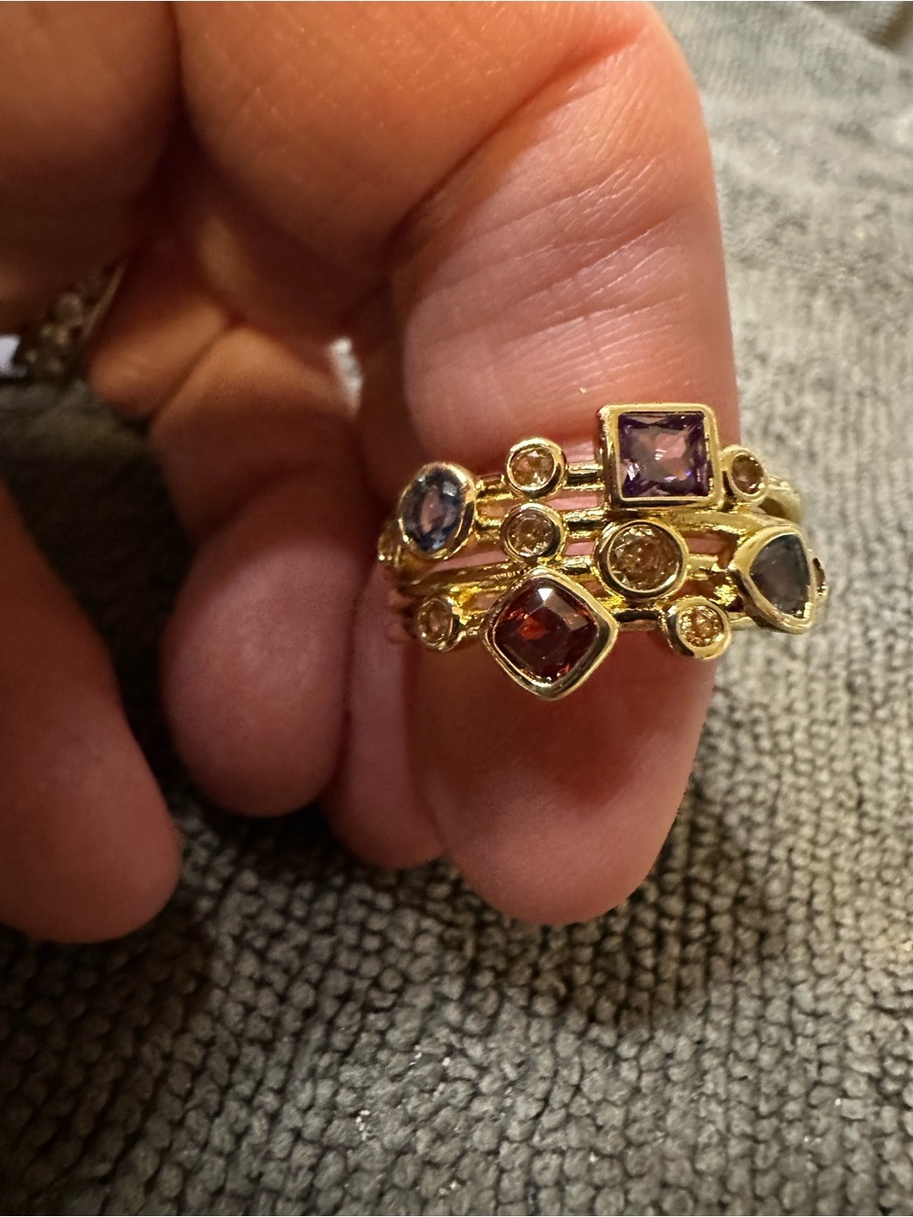 Gold-Tone Multi Gemstack Ring - Purple, Red, Blue Stones size 7